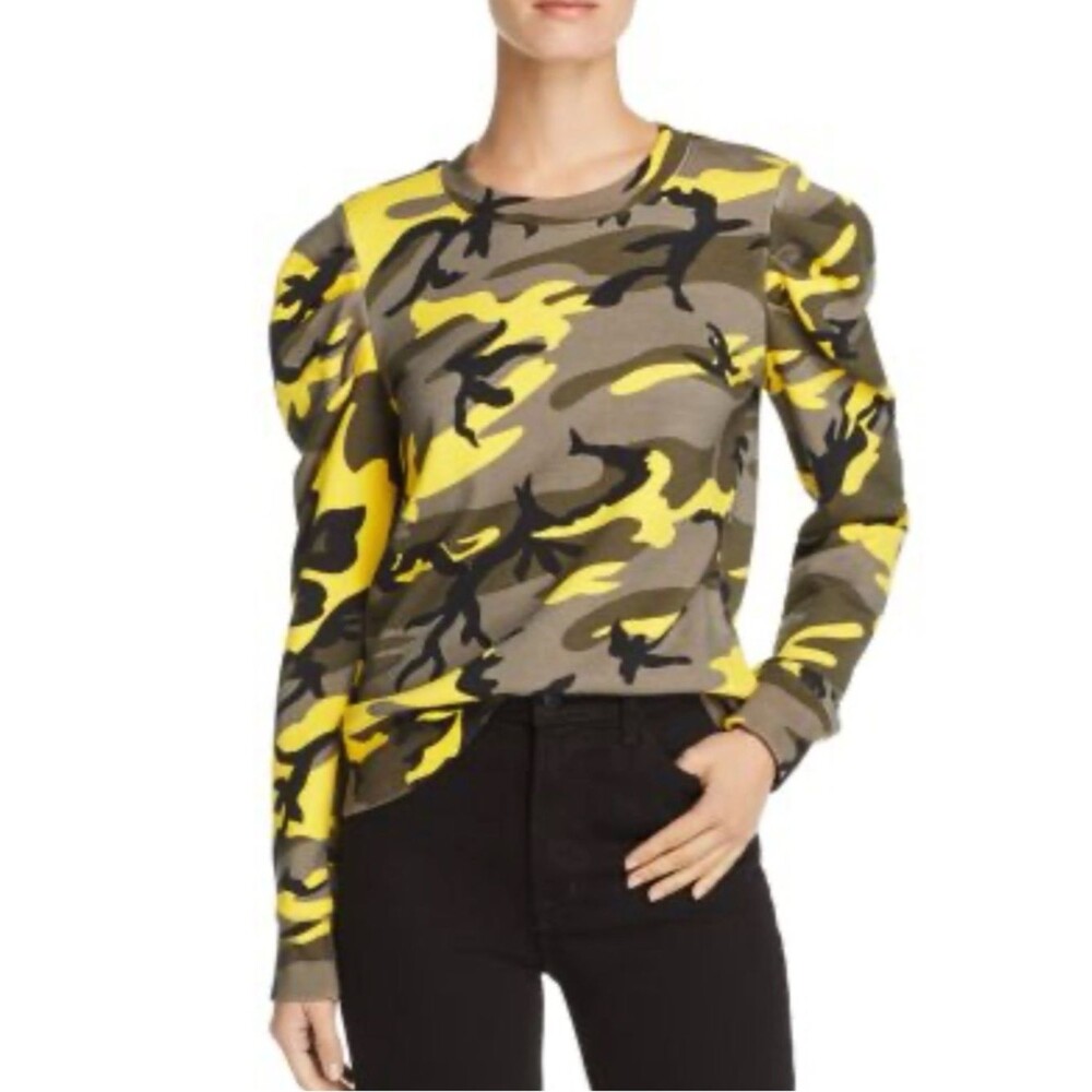 Pam & Gela Pop Camouflage Puff Sleeve Sweatshirt XS P Yellow French Terry